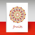 Vector cover of diary white hardcover - format A4 layout brochure concept - variegated fruit round mandala - apple, pe