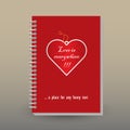 Vector cover of diary with ring spiral binder - format A5 - layout brochure concept - red colored heart with string -