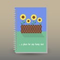 Vector cover of diary with ring spiral binder - format A5 - layout brochure concept - yellow colored sunflowers in gar