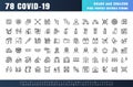 Vector of 78 Covid-19 Prevention Line Outline Icons. Coronavirus, Social Distancing, Quarantine, Stay Home. 64x64 Pixel Perfect.