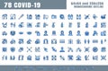 Vector of 78 Covid-19 Prevention Monochrome Flat Blue Filled Line Outline Icons. Coronavirus, Social Distancing, Quarantine, Stay Royalty Free Stock Photo