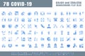 Vector of 78 Covid-19 Prevention Monochrome Flat Blue Icons. Coronavirus, Social Distancing, Quarantine, Stay Home. 64x64 Pixel