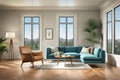 Vector cozy living room interior with big windows, sofa, armchair and houseplants