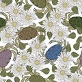 Vector Crabs Flowers in Blue Purple Brown Green Scattered on White Background Seamless Repeat Pattern. Background for Royalty Free Stock Photo