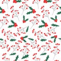 Vector cranberry seamless pattern, print,wallpaper,background. Winter red berries, green leaves or foliage. Royalty Free Stock Photo