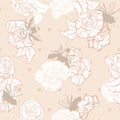 Vector Cream Bees with Roses on dots seamless pattern background. Royalty Free Stock Photo