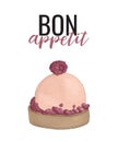 Vector creamy cake with Bon Appetit typography. Delicious bakery poster. Dessert with raspberry onn top, homemadefood with fruits