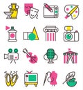 Vector creation art graphic icons set flat design illustration. Circus, tv, column, picture, palette entertainment