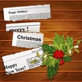 Vector creative, christmas background (scraps of newspaper articles with congratulations and holly) Royalty Free Stock Photo