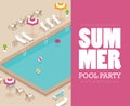 Vector creative concept design on isometric swimming pool with chaise lounges, parasol umbrellas and other Royalty Free Stock Photo