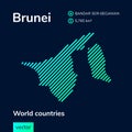 Vector neon flat map of Brunei with green, mint, turquoise striped texture on dark blue background