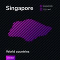 Vector creative digital neon flat line art abstract simple map of Singapore with violet, purple, pink striped texture