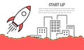 Vector creative illustration of business startup with rocket, fire cloud and houses on white background Royalty Free Stock Photo