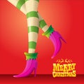 Vector merry christmas greeting card with cartoon elf girls legs and greeting calligraphic text Merry christmas Royalty Free Stock Photo