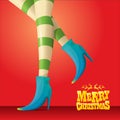 Vector merry christmas greeting card with cartoon elf girls legs and greeting calligraphic text Merry christmas Royalty Free Stock Photo