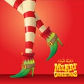 Vector merry christmas greeting card with cartoon elf girls legs and greeting calligraphic text Merry christmas Royalty Free Stock Photo