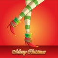 Vector merry christmas greeting card with cartoon elf girls legs and greeting calligraphic text Merry christmas Royalty Free Stock Photo