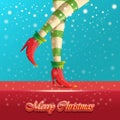 Vector merry christmas greeting card with cartoon elf hot girls legs, falling snow, lights and greeting calligraphic Royalty Free Stock Photo