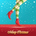 Vector merry christmas greeting card with cartoon elf hot girls legs, falling snow, lights and greeting calligraphic Royalty Free Stock Photo