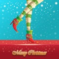Vector merry christmas greeting card with cartoon elf hot girls legs, falling snow, lights and greeting calligraphic Royalty Free Stock Photo