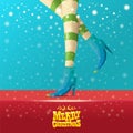 Vector merry christmas greeting card with cartoon elf hot girls legs, falling snow, lights and greeting calligraphic Royalty Free Stock Photo