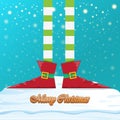 Vector funny merry christmas greeting card with cartoon elfs legs, elf shoes and christmas stripped stocking on falling Royalty Free Stock Photo