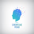 Vector creative mind logo, head silhouette with thoughts and ideas going out. Royalty Free Stock Photo