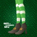 Vector creative saint patrick day greeting card with cartoon leprechaun girls legs Royalty Free Stock Photo
