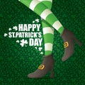 Vector creative saint patrick day greeting card with cartoon leprechaun girls legs Royalty Free Stock Photo