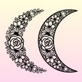 Vector crescent moon with flowers. Decorative illustration in boho style