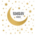 Vector crescent moon with hanging stars for Holy Month of Muslim Community, Ramadan Kareem celebration. Royalty Free Stock Photo