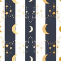 Vector Crescent Moon with Star Chains in Gold on Stripes seamless pattern background. Perfect for fabric, scrapbooking