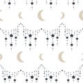 Vector Crescent Moon with Star Chains on White seamless pattern background. Perfect for fabric, scrapbooking and