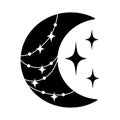 Vector crescent Moon with stars. Celestial monochrome illustration isolated on white