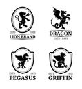 Vector crest monogram templates. Luxury pegasus, dragon, lion, griffin design. Graceful animals silhouettes illustrations.