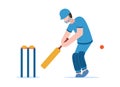 Vector cricket concept. Healthy lifestyle. Sport. A man in cricket gear holds a bat in his hands and hits the ball along the