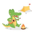 Vector crocodile playing guitar and singing near the fire.
