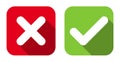 Vector cross & check mark icons, flat square buttons set. Royalty Free Stock Photo