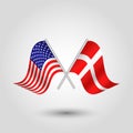 Vector crossed american and danish flags on silver sticks - symbol of united states of america and denmark Royalty Free Stock Photo