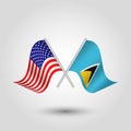 Vector crossed american and lucian flags on silver sticks - symbol of united states of america and saint lucia