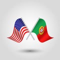 Vector crossed american and portuguese flags on silver sticks - symbol of united states of america and portugal