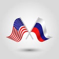 Vector crossed american and russian flags on silver sticks - symbol united states of america and russia