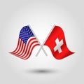 Vector crossed american and swiss flags on silver sticks - symbol of united states of america and switzerland