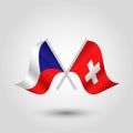 Vector crossed czech and swiss flags on silver sticks - symbol of czech republic and switzerland