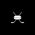 Vector crossed hockey sticks and puck icon set silhouette on black