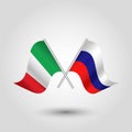 Vector crossed italian and russian flags on silver sticks - symbol of italy and russia