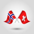 Vector crossed norwegian and swiss flags on silver sticks - symbol of norway and switzerland