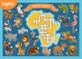 Vector crossword in English, education game for children. Cartoon animals of Africa