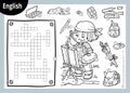 Vector crossword in English, education game for children. Cartoon artist girl and objects for drawing