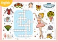 Vector crossword in English, education game for children. Cartoon ballerina and dancing objects